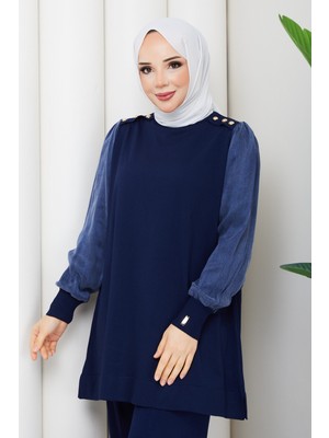 Pamuk Butik Kadın Kolu Ipek Kupra Pantolonlu Ikili Merserize Triko Takım -PMK536