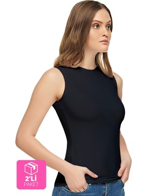 Elit Kadın Siyah Pamuklu Elastan Sıfır Kol Body 2'li Paket ELT2201-SİYAH-XL
