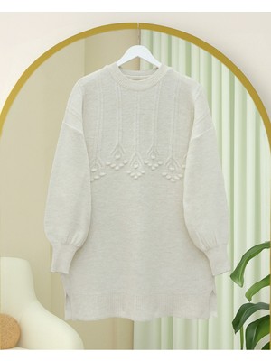 Modamorfo Şerit Ve Ponpon Detaylı Yuvarlak Yaka Yumoş Triko Tunik -Ekru