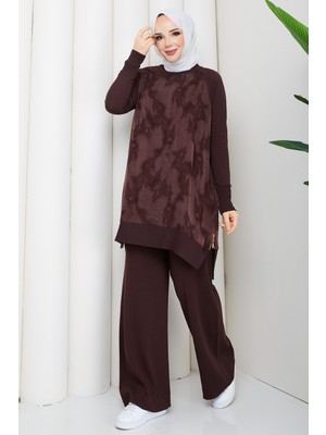 Pamuk Butik Kadın Ipek Kupra Bulut Desenli Pantolonlu Ikili Merserize Triko Takım -PMK535