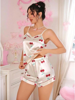 Liyuza Kadın Ekru Kiraz Desenli Saten Şort Pijama Takımı 2226