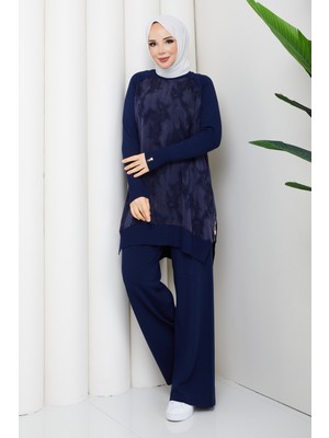 Pamuk Butik Kadın Ipek Kupra Bulut Desenli Pantolonlu Ikili Merserize Triko Takım -PMK535