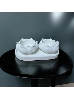 Bernami Şamdan Pinterest 3lü Set Lotus Çiçeği & Oval Organizer Tabak & Tealight Mumluk & Dekor Süs & Alçı Mumluk