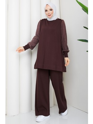 Pamuk Butik Kadın Kolu Ipek Kupra Pantolonlu Ikili Merserize Triko Takım -PMK536