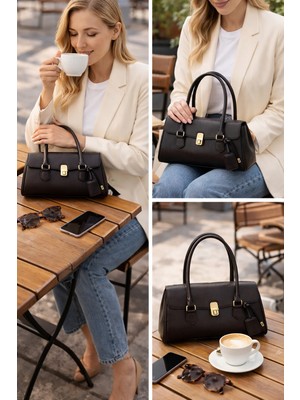 Lorevie Kadın Gold Kilit ve Charm Detaylı Vintage El ve Omuz Çantası