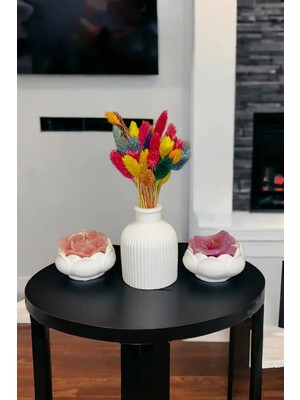 Bernami Dekoratif Pinterest Pampas Çizgili Vazo ve Ikili Lotus Çiçeği Mumluk Set (3 Parça) (Mumlar ve Çiçekler Dahil Değildir)