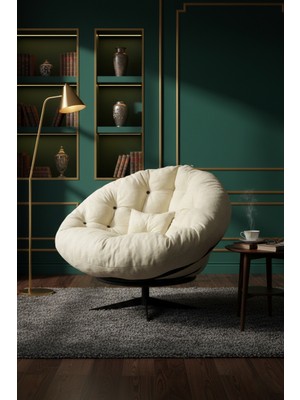 AVYNA Contemporary Elite™ 360 Derece Döner Mekanizmalı Berjer Tekli Koltuk, Yatak Olabilen Premium Minder - Krem