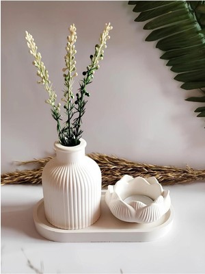 Bernami Düğün Pinterest Vazo Seti Pampas Vazo Lotus Mumluk Dekoratif Tabak Biblo Seti 3 Parça Ham-Boyasız.