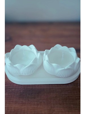 Bernami Şamdan Pinterest Ikili Lotus Mum Seti – Kokusuz Dumansız Taş Tozu Tasarım (Tabak Dahil)