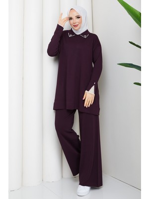 Pamuk Butik Kadın Tül Detaylı Pantolonlu Ikili Merserize Triko Takım -PMK534