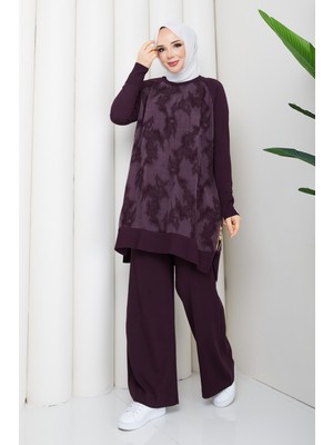 Pamuk Butik Kadın Ipek Kupra Bulut Desenli Pantolonlu Ikili Merserize Triko Takım -PMK535