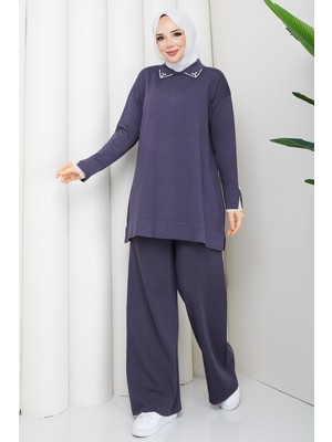 Pamuk Butik Kadın Tül Detaylı Pantolonlu Ikili Merserize Triko Takım -PMK534