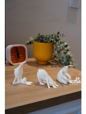 Ecolia Store Beyaz 3’lü Yoga Yapan Tavşan Biblo Seti - Meditasyon Dekoru