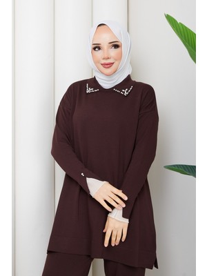 Pamuk Butik Kadın Tül Detaylı Pantolonlu Ikili Merserize Triko Takım -PMK534