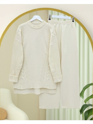 Modamorfo Örgü Desenli Arkası Uzun Triko Takım -Ekru