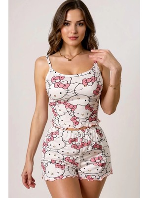 Aesco Hello Kitty Baskılı Askılı Şortlu Pijama Takımı