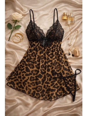 Çeyize Dair Herşey Leopar Şifon Babydoll Gecelik Takımı