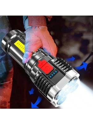 Aesco Ultra Parlak El Feneri USB Şarj 4 Led+Yan Cob LED Taktik Günlük Hayat Kamp Avcılık El Feneri ( Lisinya )