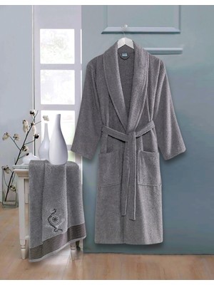 Upstyle Bornoz - Nakışlı Havlu Seti Cora Antrasit L/XL+45X85CM