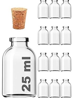 Karokstore Şeffaf 25 ml / 25 cc Mantar Tıpalı Boş Cam Şişe 12 Adet