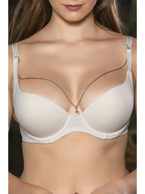 Liyuza Günlük Kullanıma Uygun Ekru Zincir Aksesuarlı Yarım Push-Up Sütyen,destekli, Düşük Dekolte Uyumlu