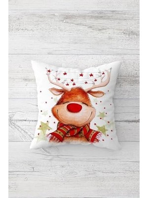 Karokstore Pelangi Mutlu Geyik Yılbaşı Çift Tarafı Baskılı Gizli Fermuarlı Yastık Kılıfı Kırlent Koltuk Yastık Kılıfı, Beyaz-Kahve 45 x 45