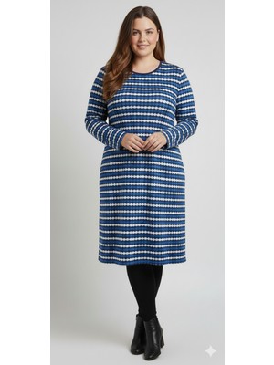Esso Butik Kadın Büyük Beden Mavi Beyaz Çizgili Jakarlı Viskon Elbise - Tunik