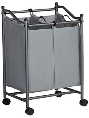 Karokstore Çamaşır Ayırıcı, Tekerlekli ve 2 Bölmeli, Çamaşır Sepeti, Çıkarılabilir Çantalı Çamaşır Arabası, Toplam Kapasite 90 L, Gri, LSF002GS