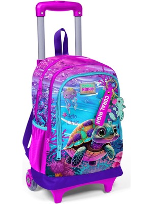 Karokstore Işıklı Tekerlekli Pembe Mor Kaplumbağa Çekçek Okul Çantası - Kız Çocuk