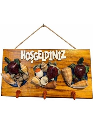 Karokstore Deniz Kabuklu ve Kaplumbağa Figürlü Ahşap Duvar Anahtarlığı – Hoşgeldiniz Yazılı Dekoratif Askılık, Giriş Holü Kapı Süsü Ev Dekoru.
