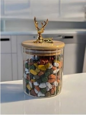 Karokstore (9X10 Cm) 1 Adet Geyikli Cam Saklama Kavanozu Geyik Başı Altın Renk Hava Geçirmez Y-421,ŞEFFAF