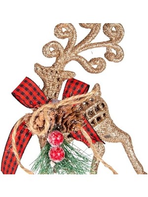 Karokstore Yılbaşı Ağaç Süsü Ekose Desenli Kurdelalı Simli Geyik 8X15 Cm.