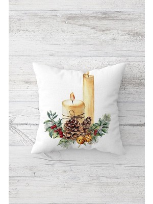 Karokstore Pelangi Yılbaşı Süsleri Mumlar Çift Taraflı Gizli Fermuarlı Yastık Kılıfı Kırlent Koltuk Yastık Kılıfı, Beyaz-Kahve-Yeşil 45 x 45