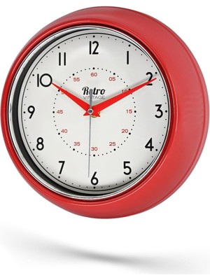 Karokstore Premium Serisi Retro Tasarım Metal Kadranlı Bombeli Cam Özellikli 25 cm Ev ve Ofis Saati Kırmızı, 25CM