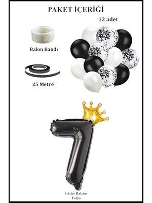 Karokstore 7 Rakam Siyah Folyo Balon, Kral Tacı ve Konfetili Siyah Balon Set