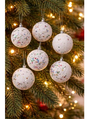 Karokstore 6 Adet Lüx Set Ağacı Süslemeleri Topları Topu Yılbaşı Süsleri 6 cm Yeşil Yılbaşı Ağacı Süsü Beyaz