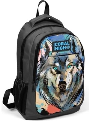 Karokstore Siyah Kurt Desenli Ilkokul ve Ortaokul Sırt Çantası Üç Bölmeli Erkek Çocuk