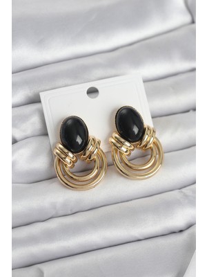 Azrlya Pirinç Gold Renk Siyah Taşlı Vintage Kadın Küpe - Lisinya