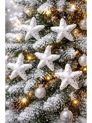Karokstore 6 Adet Lüx Set Ağacı Süslemeleri Topları Topu Yıldız Yılbaşı Süsleri 6 cm Yeşil Yılbaşı Ağacı Süsü Beyaz
