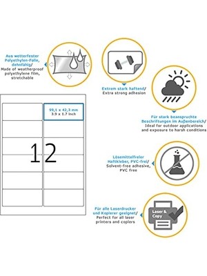 Karokstore 9533 Folyo Etiketleri, 10 Yaprak, 99,1 x 42,3 Mm, A4 Başına 12, 120 Adet, Kendinden Yapışkanlı, Mat, Boş Dış Mekan Yapışkan Etiketleri, Polietilen