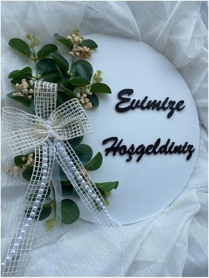 Karokstore Kapı Süsü Evimize Hoşgeldiniz Ahşap Okaliptus Yaprağı Beyaz Hediyelik 23-1 Beyaz