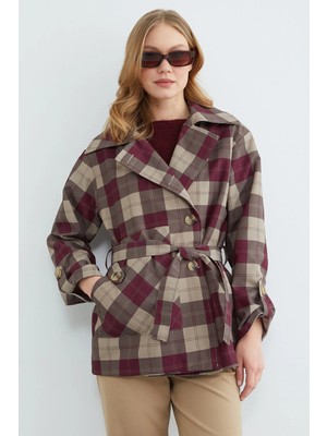 FullaModa Ekose Desenli Kuşaklı Trençkot