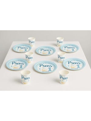 Karokstore Prens 1 Yaşında Parti Sofra Takımı, 8 Kişilik, Mavi-Altın Renk, 8 Tabak ve 8 Bardak
