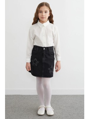 FullaModa Beli Lastikli Yıldız Nakışlı Taşlı Kız Çocuk Jean Etek
