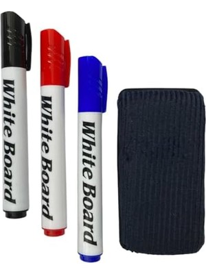Karokstore Beyaz Tahta Kalemi ve Silgisi Seti Siyah Kırmızı Mavi 3 Renk Kalem ve Kadife Silgi