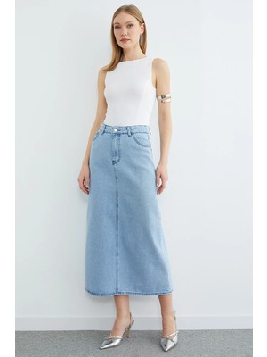 FullaModa Taş Detaylı Cepli Jean Etek