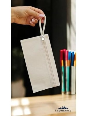 Karokstore Kanvas Kalem Çantası, 23X12 Cm, Bej, Fermuarlı