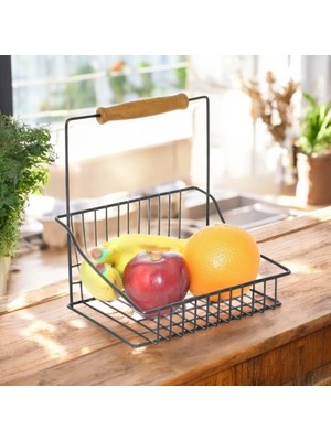 Karokstore Retro Ferforje Tek Sepet, Ahşap Kulplu Mutfak Banyo Salon Ofis Düzenleyici Sepet Organizer Siyah, 20X20 cm