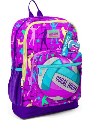 Karokstore Dört Bölmeli Pembe Mor Voleybol Desenli Ilkokul Sırt Çantası - Kız Çocuk