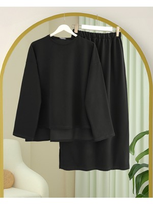 Moda Morfo Arkası Uzun Yırtmaçlı Etekli İki İp Penye Takım -Siyah